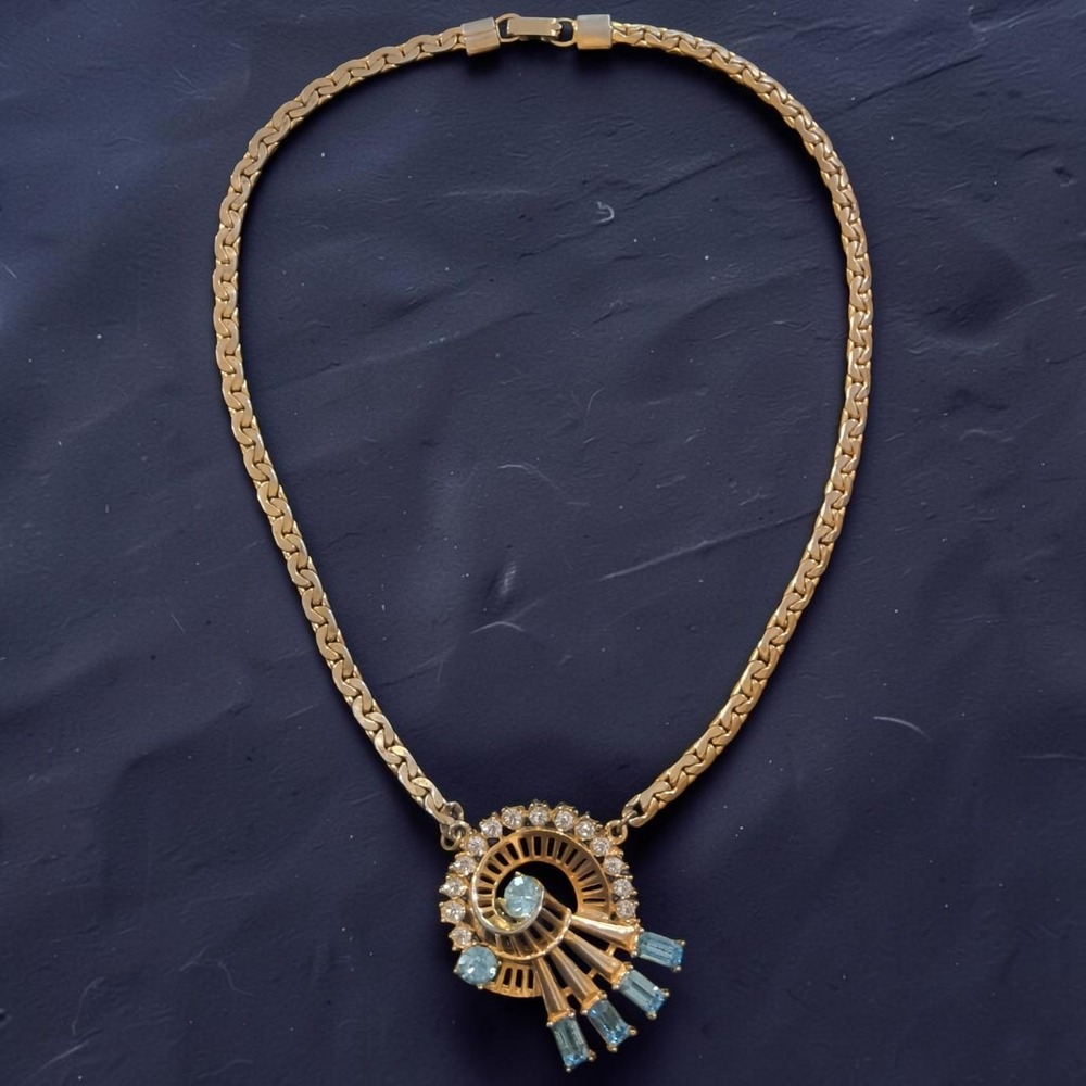 Vintage 1940s-1950s Aqua Blue Rhinestone Fan Swirl Statement Necklace